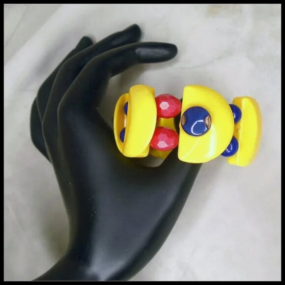 Retro Summer Bracelet Red Blue Yellow Wide Bangle - One of a Kind With Vintage - Picture 5 of 10